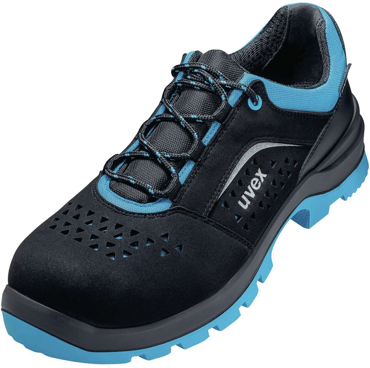 The shoe is a lightweight, black work shoe with blue accents. It features a high-quality upper, a grippy outsole, and a breathable design.