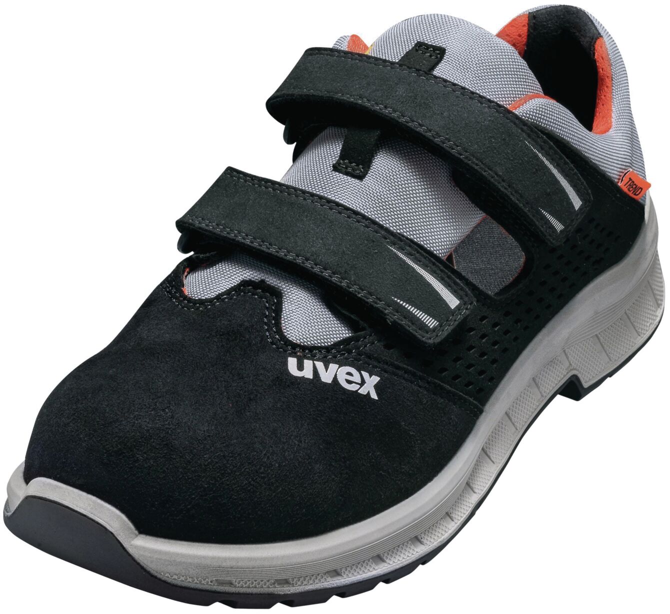 The shoe is sporty and black, with a gray fabric upper and orange details. It has two wide Velcro straps and a sturdy, non-slip sole.