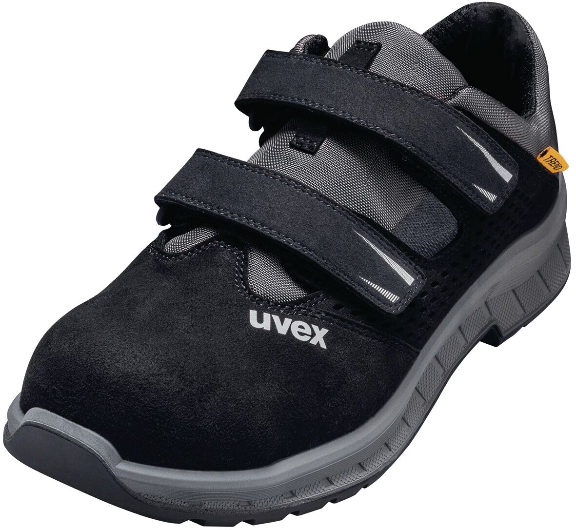 The shoe is black with a suede and mesh upper. It has a sturdy, gray rubber sole and three Velcro straps for secure fit. The lining is gray.