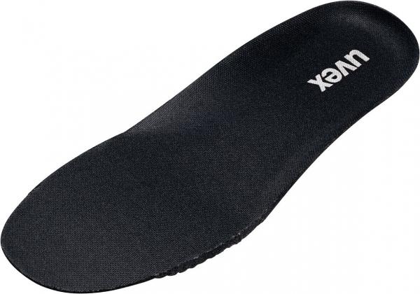 The image shows a black shoe sole. It is oval-shaped, slightly curved, and has a wavy edge on one side. The inscription "UweX" is on the sole.