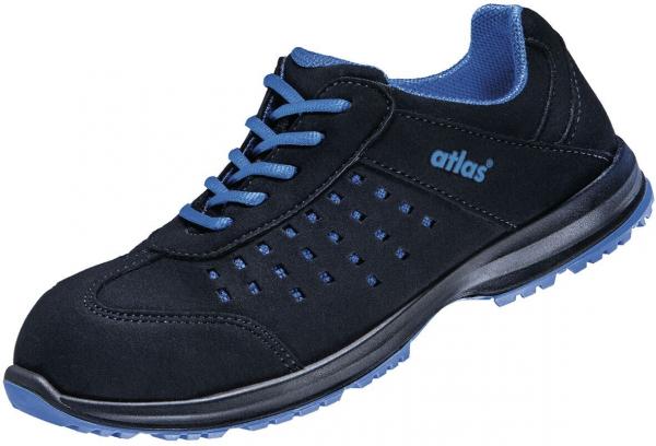 The shoe is black with blue accents. It has lacing and air holes for ventilation. The sole is sturdy and slip-resistant, ideal for work and everyday use.