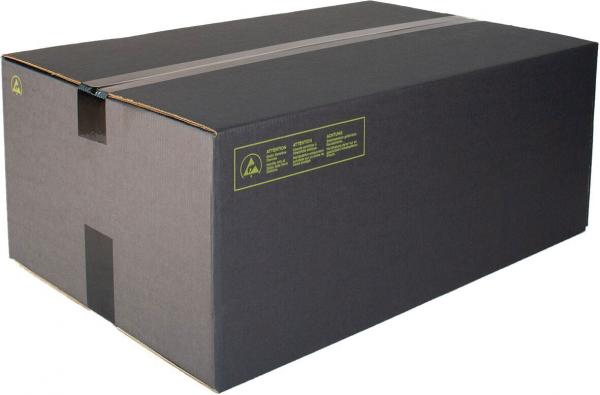 The image shows a rectangular, black cardboard box with a closed top. It has side openings and bears yellow writing on one side. The surface is smooth.