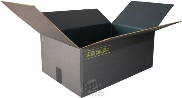 The image shows a dark cardboard box with an open lid. The edges are sharp, and inside, the box is empty. There are warning labels on one of the sides.