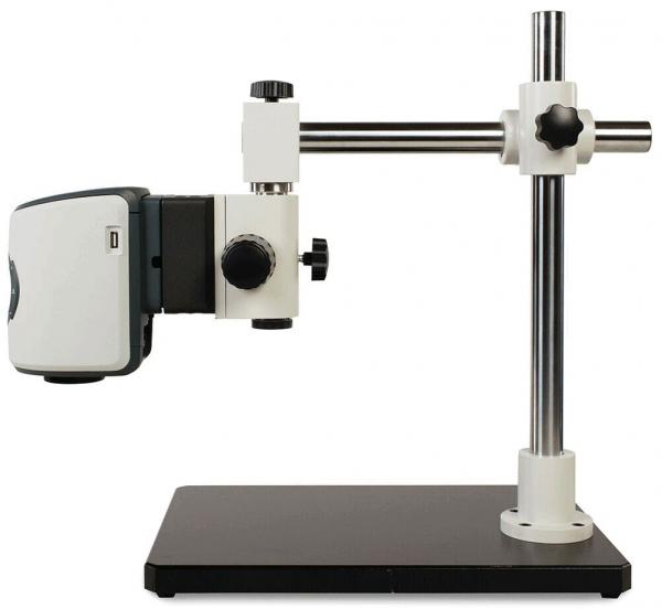 The image displays a microscopic device on a black base. It features a vertical metal stand, a horizontally mounted rod, and a camera attachment that is tilted to the side.