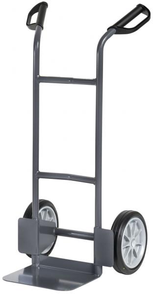 The image shows a sturdy handcart in gray. It has a tall, rectangular frame structure with two large, round wheels and a wide, flat loading area at the bottom.