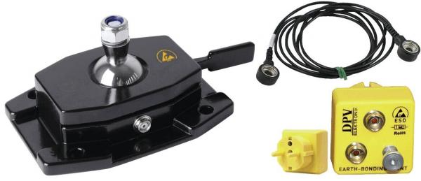 The image displays various technical components: a black base with a metallic ball, a yellow control device with two connectors, and a black cable.