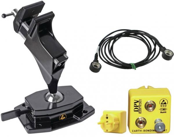 The image shows three items: a black mount with a ball joint, a cable with two nickel-plated eyelets, and a yellow grounding device with two connections.