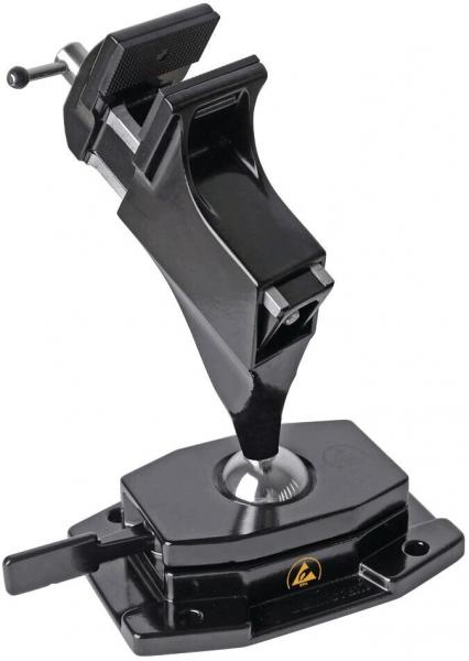 The image shows a black holder with an upright form. It has a round base and an adjustable mount for securely attaching devices. Several levers are visible.