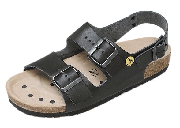 The shoe is a black sandal with two wide straps that are adjustable with buckles. The insole is beige and has some small holes, the surface is slightly textured.