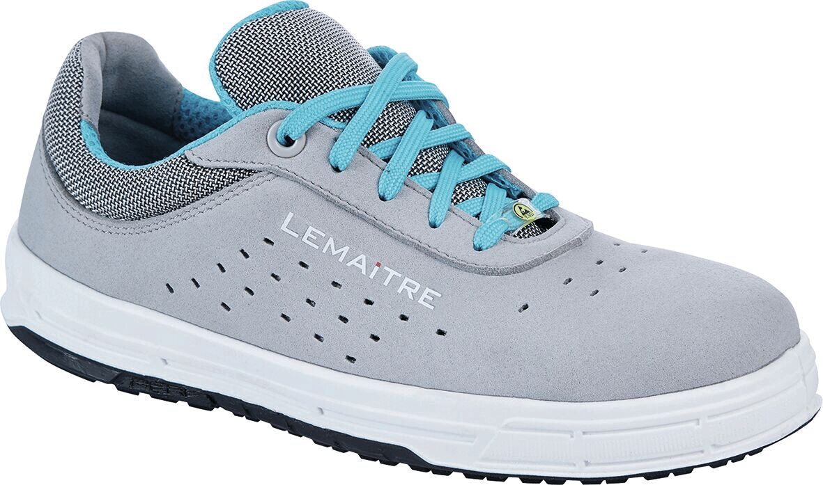 The shoe is a gray sneaker with blue laces. It has a breathable surface with small holes and a white, textured sole for good grip.