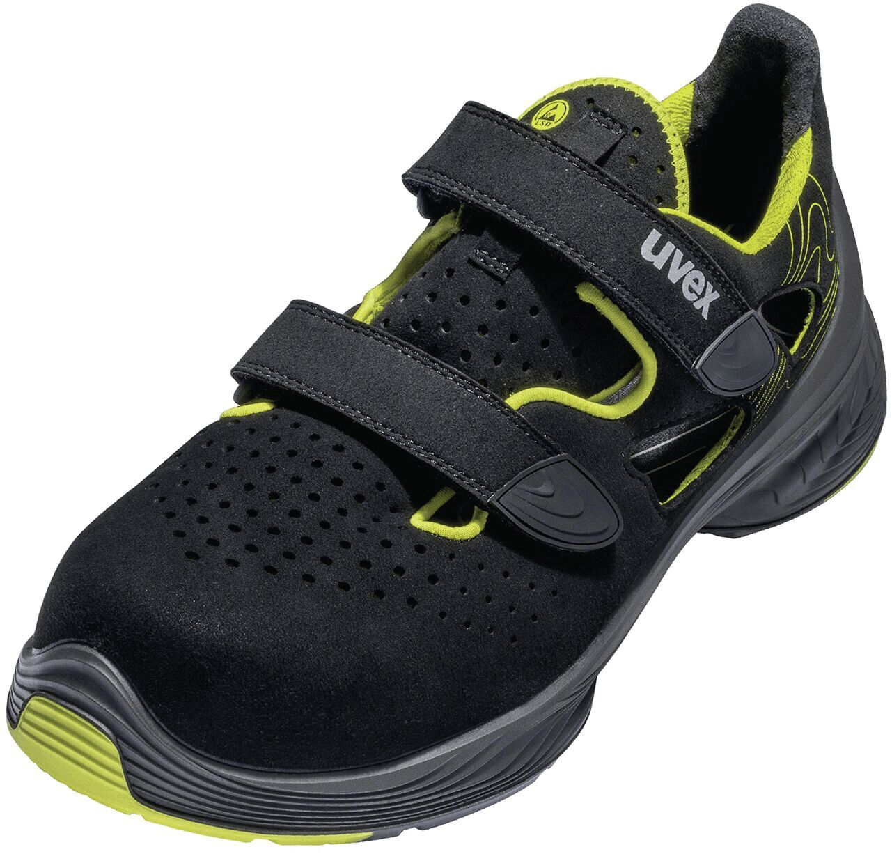 The shoe is black with bright yellow accents. It has two Velcro straps and a perforated surface for breathability. The sole is sturdy and provides good grip.