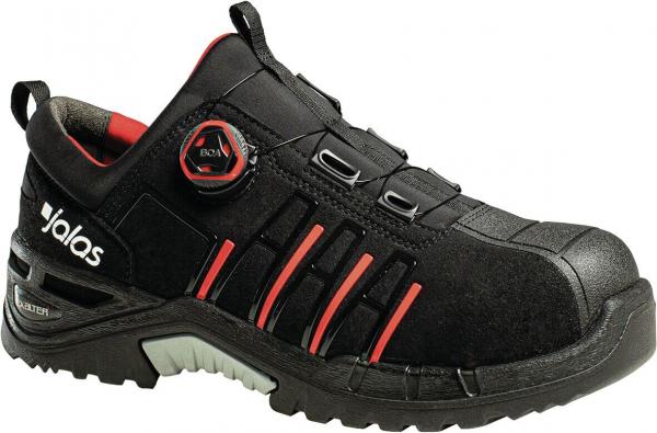 A black safety shoe with red accents. It features a round protective toe cap and a quick lacing system with a twist lock. The sole is sturdy and slip-resistant.