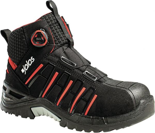 The shoe is a sturdy, black safety boot with red accents. It has a tall shape, padded areas, a robust sole, and a quick lacing system for secure fit.