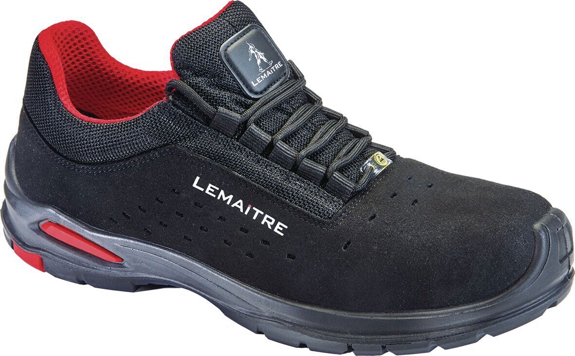 The shoe is black with red accents, has a breathable surface, and a stable sole. It is lace-up and looks sporty, suitable for work and leisure.