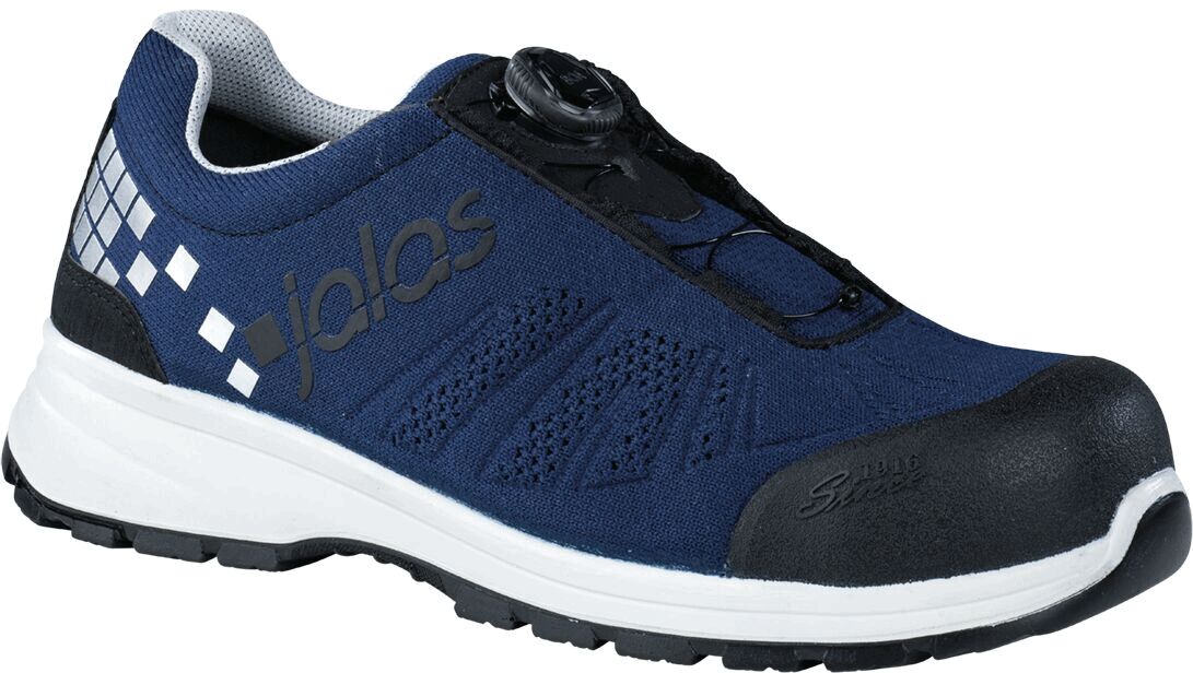 The shoe is sporty and dark blue with gray and white details. It has a solid rubber cap at the front and a lightweight, breathable upper. The lacing is done via a rotating closure.