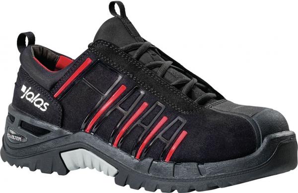 The shoe is a sporty half-shoe in black with red accents. It features a sturdy sole and a reinforced toe cap, ideal for safety-conscious activities.