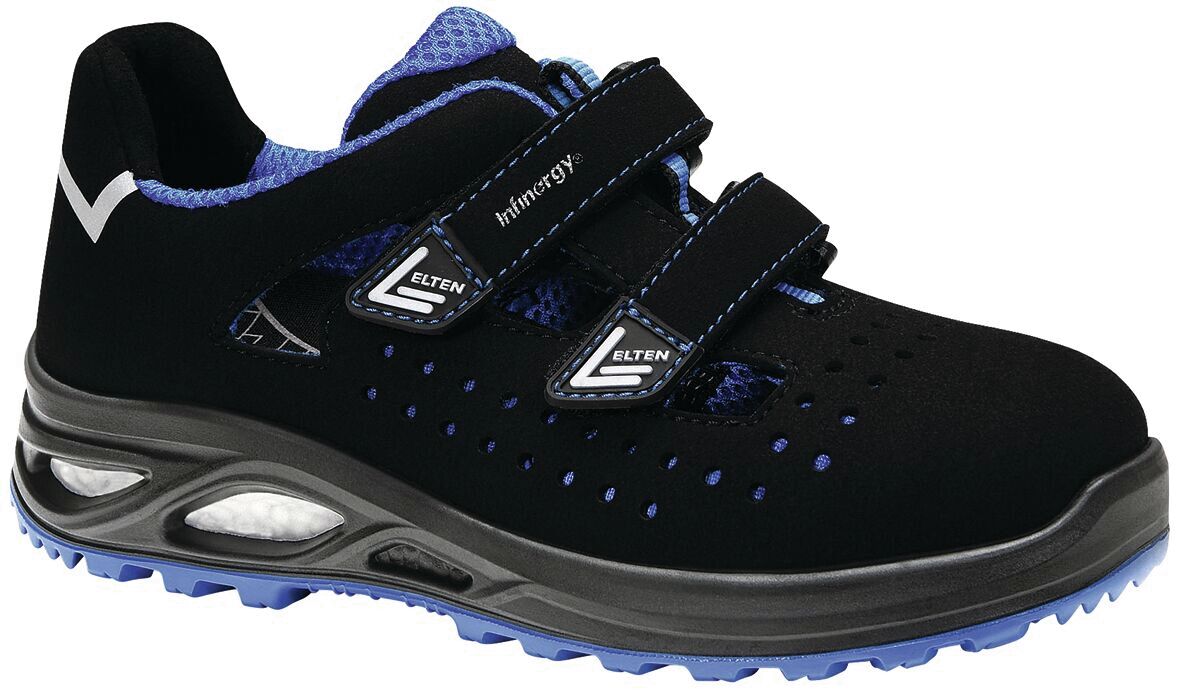 The shoe is black with blue accents. It has two wide Velcro straps and a textured sole. The area around the toes is ventilated, making it lightweight and breathable.