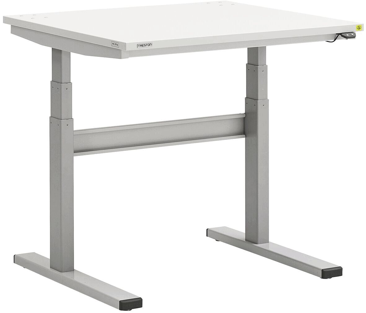 The table has a rectangular, white tabletop and gray, adjustable legs. It is stable and has a modern design. Height adjustment is available.