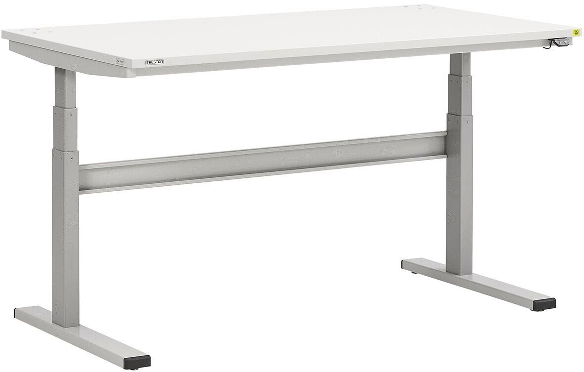 The image shows a modern desk with a rectangular, white tabletop and a silver, sturdy frame. The legs are slightly elevated, giving the desk a simple and functional appearance.