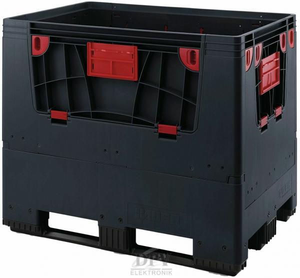 The image description shows a black plastic crate with red elements. It has closed sides and openings on the sides for handles. The crate is sturdy and rectangular.