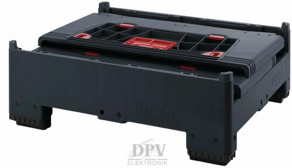 The image shows a black, rectangular toolbox with handle-shaped cutouts and red clasps. It has a flat top and is sturdily constructed.