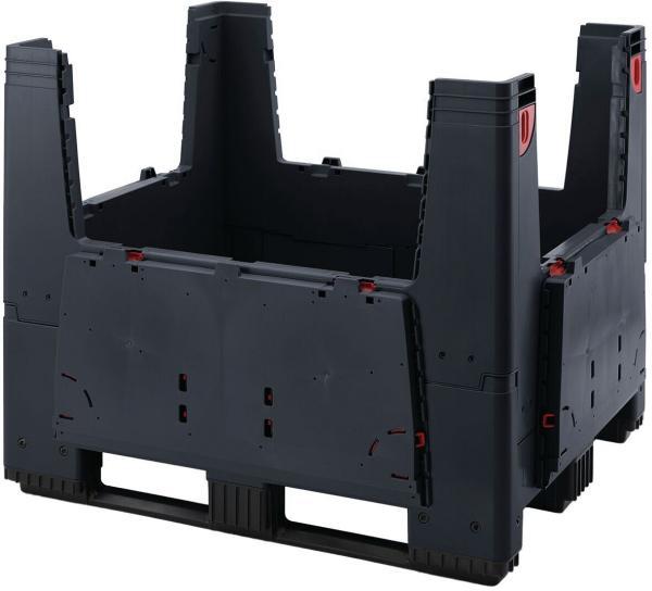 The image shows a large, black plastic storage container. It has high walls and a stable base. The corners are rounded, and there are red elements on the sides.