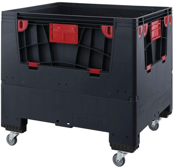 The box is made of black plastic, rectangular, and has an open top. There are red reinforcements on the sides, and it stands on four wheels to be mobile.