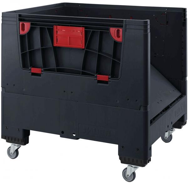 The image displays a black, sturdy container with red accents. It features openings on the sides and is mounted on four wheels, making it mobile. The container has a rectangular shape.