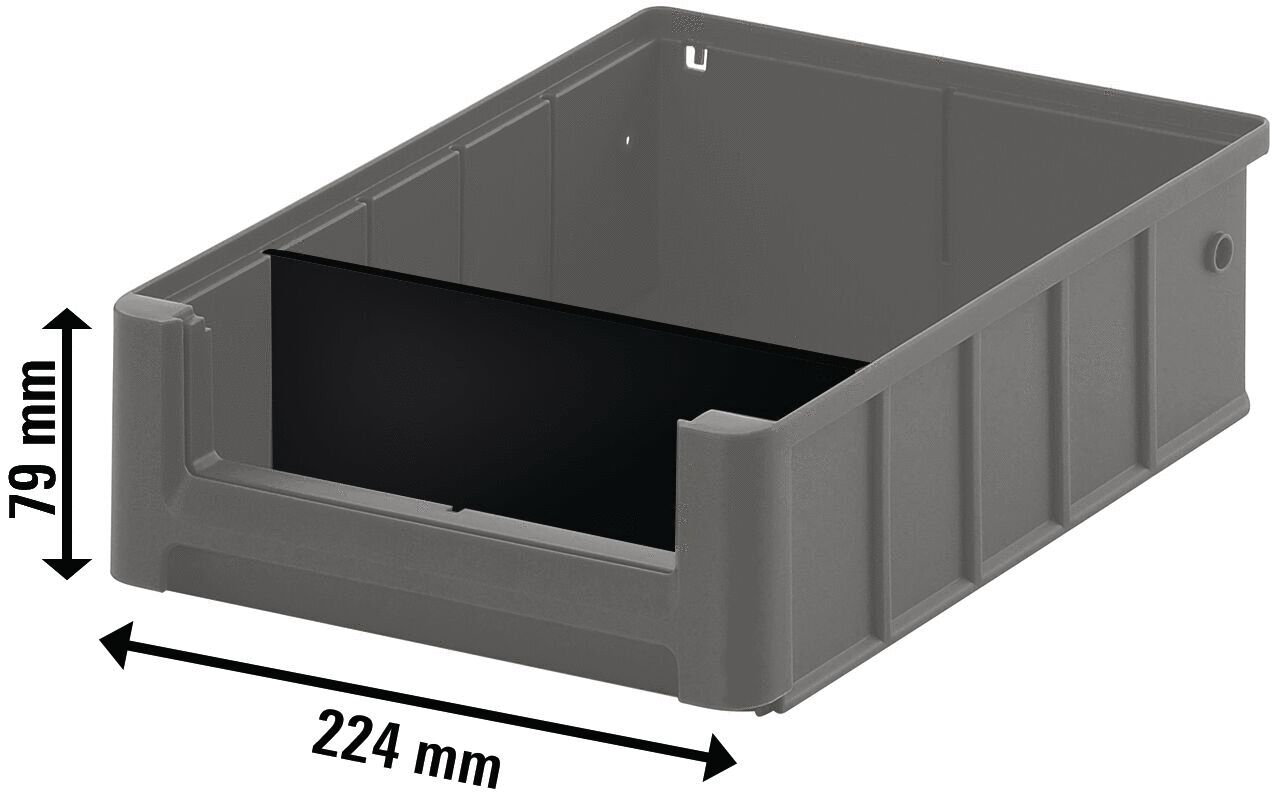 The image shows a gray plastic box without a lid. It is rectangular with a length of 224 mm and a height of 79 mm. The sides are ribbed and the inside is dark.