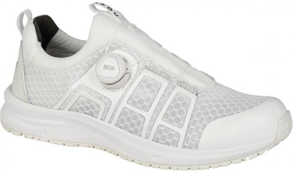 The shoe is a lightweight, white sneaker made from breathable material. It features a modern design with a buckle on the top for easy closing and opening. The sole is flat and flexible.