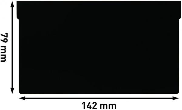 The image displays a black sheet of paper or a piece of cardboard measuring 142 mm in width and 79 mm in height. The edges are straight, and there is a slightly notched corner.