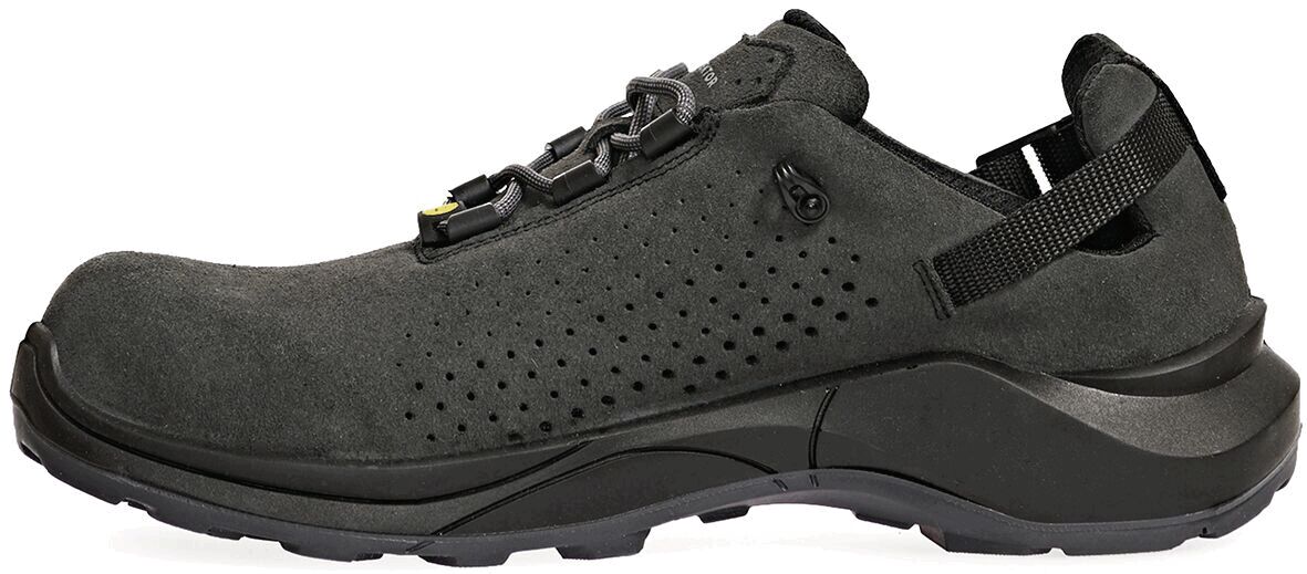 The image shows a black shoe without visible laces. It features a breathable upper with small holes and a stable, non-slip sole. The shoe has a padded heel area.