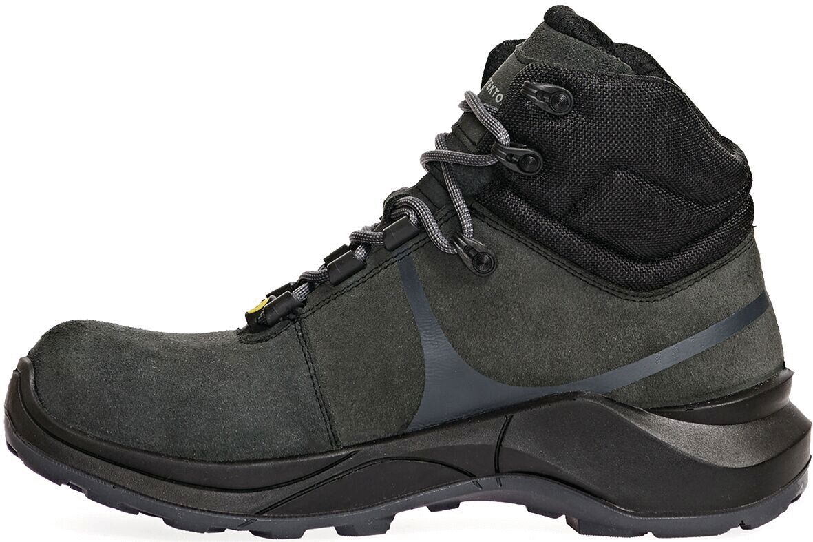 The shoe is an ankle-high, sporty hiking boot in dark gray and black. It features a sturdy sole, laces, and a padded collar for comfort and support.