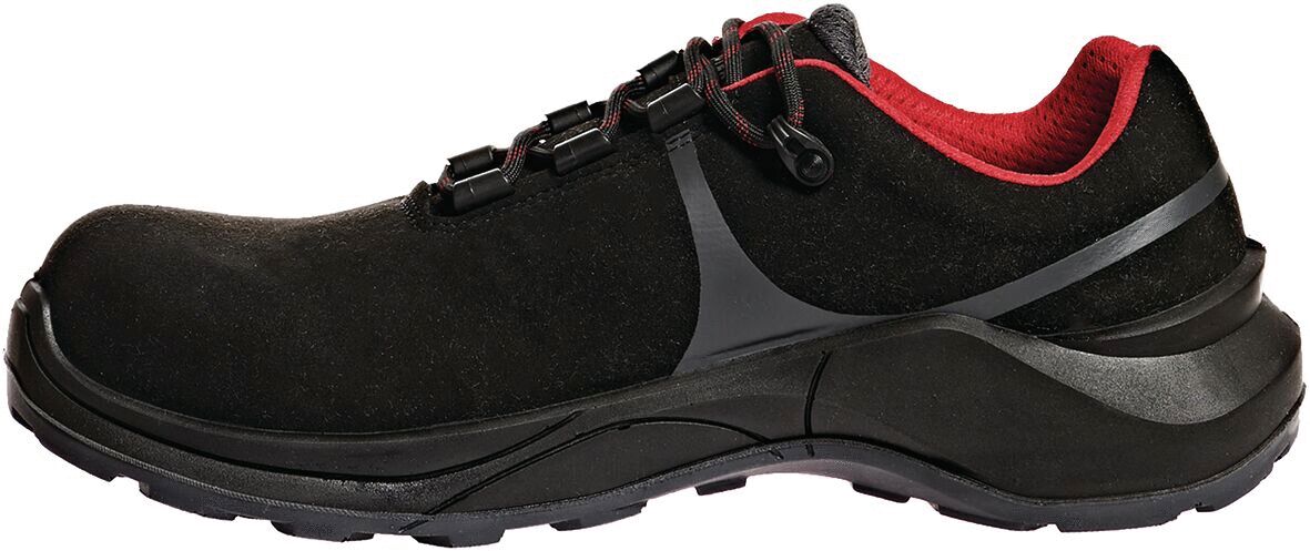 The shoe is low, with black, soft upper and red lining. It has a non-slip sole and vertical laces that provide a comfortable fit.