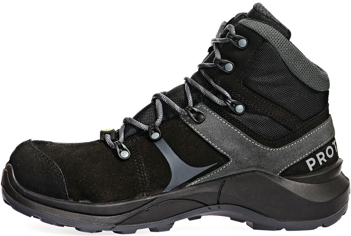 The shoe is a black, ankle-high hiking boot. It has a sturdy, grippy sole and is reinforced with additional supports. The laces ensure a secure fit.