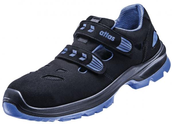 The shoe is black with blue accents. It features a sporty design, two adjustable Velcro straps, and a non-slip rubber sole. Ideal for active use.