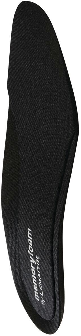 The image shows a black memory foam insole. It has a slightly curved shape and a smooth surface. The brand text is embossed on the sole.