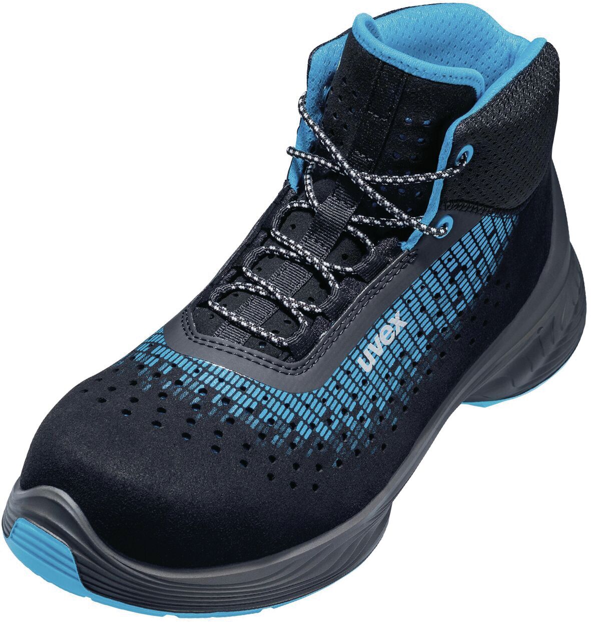 The shoe is high-cut, predominantly black with blue accents. The surface is textured and has small holes. There is a lacing with speckled laces.