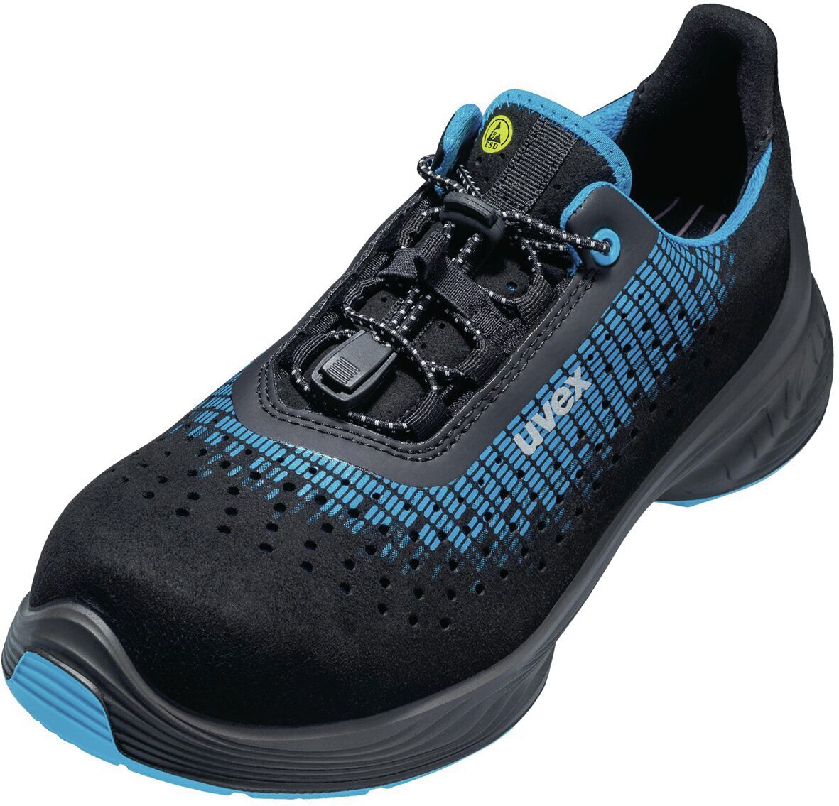 The shoe is black with blue accents. It has a sporty design, quick lacing, and breathable holes. The sole is stable and slightly curved, ideal for movement.