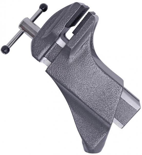 The image shows a gray clamp. It has a wide, flat base and two clamps that can be tightened with a screw. The clamp is made of metal and is sturdy.