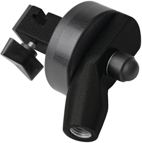 The image shows a black, compact adapter with a round, flat body. On one side, there is a screw for tightening, and on the other, a ball joint.