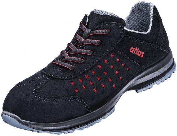 The shoe is black with red accents and made of soft material. It has a non-slip sole, vertical laces, and small holes for better ventilation.