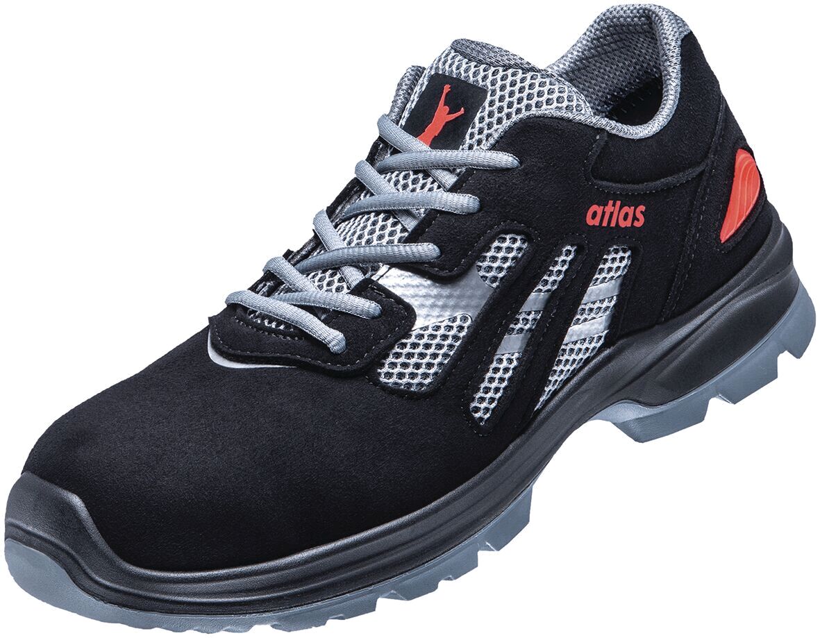 The shoe is a modern, black work shoe with gray details and red accents. It has a non-slip sole and breathable mesh inserts.