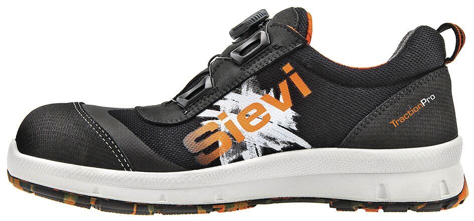 The shoe is black with orange accents. It has a sporty shape, a padded collar, and a non-slip sole. On the side it says "Sievi".