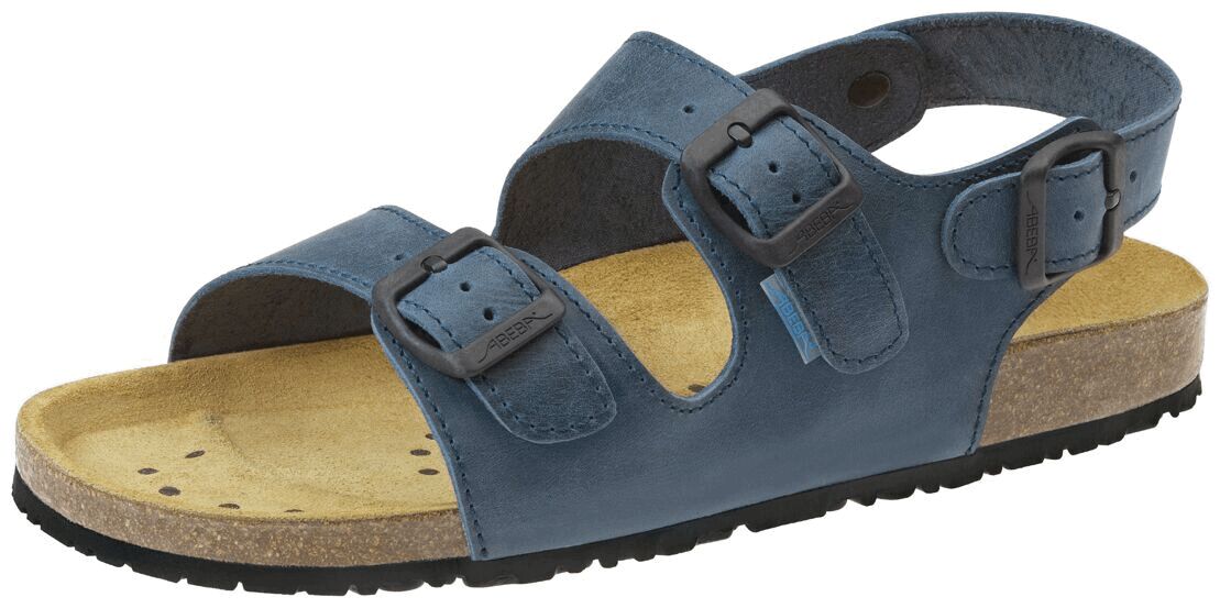 The image shows a blue sandal with three straps, each adjustable by two buckles. The sole is made of light, cork-like material and has small holes.