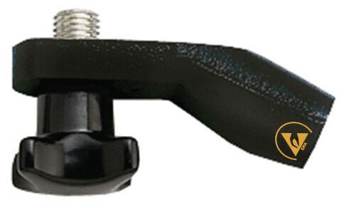 The image displays a black, L-shaped bracket with a thread at one end and a round, flat base. It appears to be a mounting or holding component.