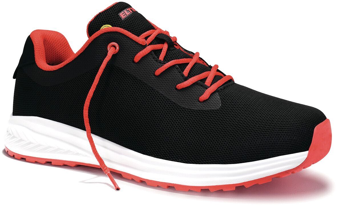 The shoe is lightweight and sporty, predominantly black with red laces and a white sole. The shape is modern and ergonomic for comfort while running.