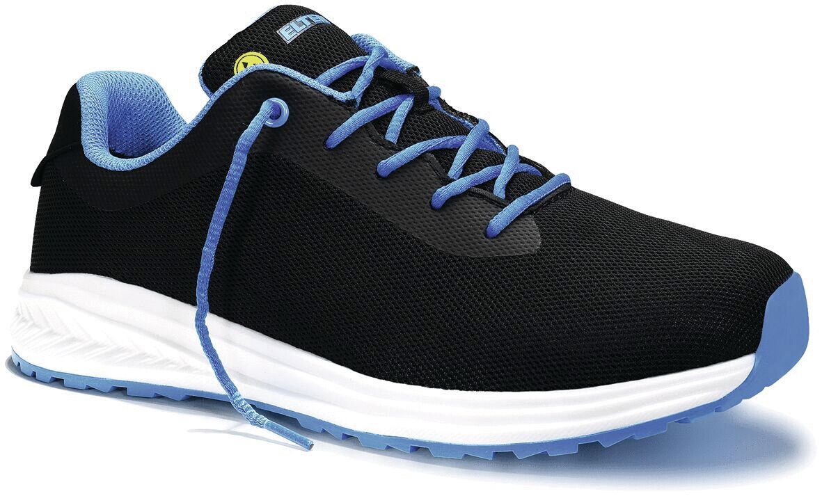 The shoe is black with blue accents. It has a smooth mesh surface, flat laces, and a white, slightly textured sole that offers comfort and flexibility.