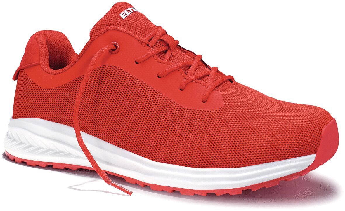 The shoe is sporty and bright red. It has a breathable upper, round laces, and a white, slightly textured sole. The shape is modern and sleek.