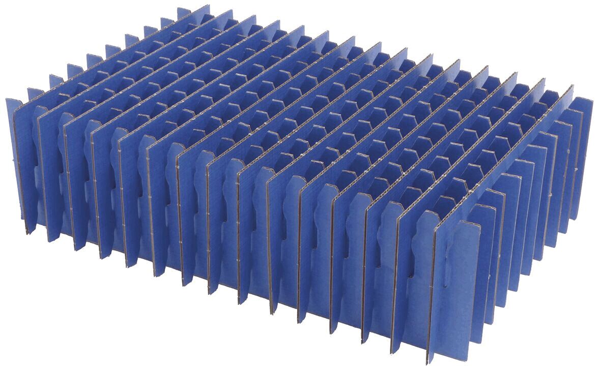 The image displays a rectangular heatsink made of blue materials, consisting of many parallel fins. It features a textured, wavy appearance and serves for heat dissipation.